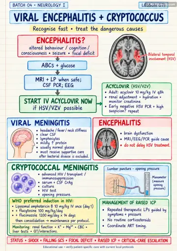 Handwritten one-page note: viral encephalitis, acyclovir pathway, viral meningitis and cryptococcal meningitis