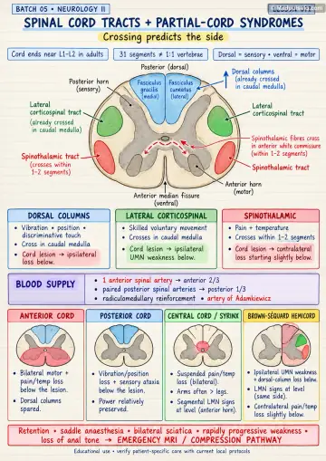 Handwritten one-page note: spinal cord tracts and partial-cord syndromes