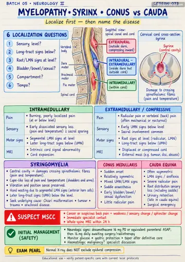 Handwritten one-page note: myelopathy, syrinx, conus and cauda patterns