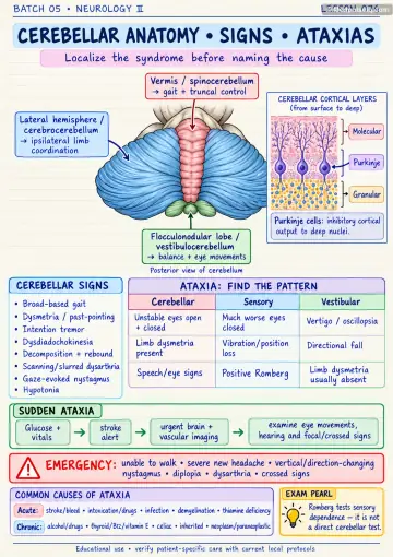 Handwritten one-page note: cerebellar anatomy, signs and ataxia patterns