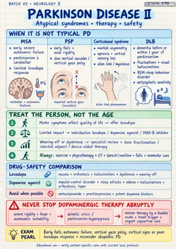 Handwritten one-page note: atypical parkinsonism, therapy and safety