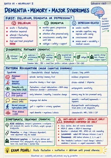 Handwritten one-page note: dementia, memory and major cognitive syndromes
