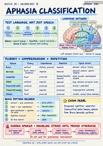 Handwritten one-page note: aphasia classification and language testing