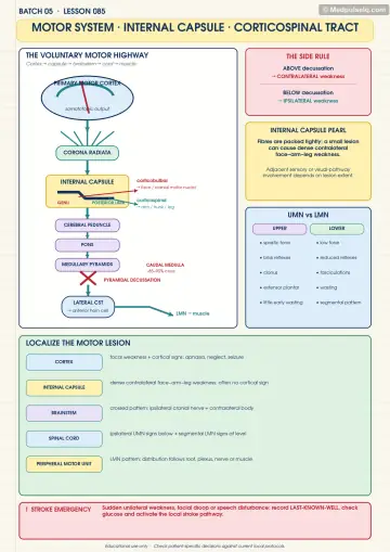 Handwritten one-page note: motor system, internal capsule and corticospinal tract