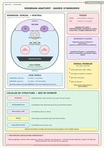 Handwritten one-page note: midbrain anatomy and named syndromes