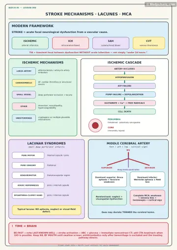 Handwritten one-page note: stroke mechanisms, lacunar syndromes and MCA territory
