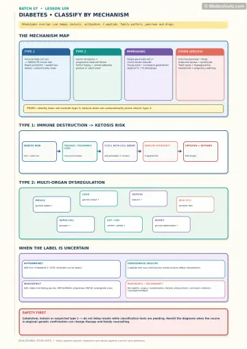 Handwritten one-page note: diabetes classification by mechanism