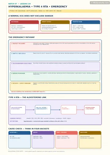 Handwritten one-page note: hyperkalaemia emergency sequence, type 4 RTA mechanism, and cause checklist