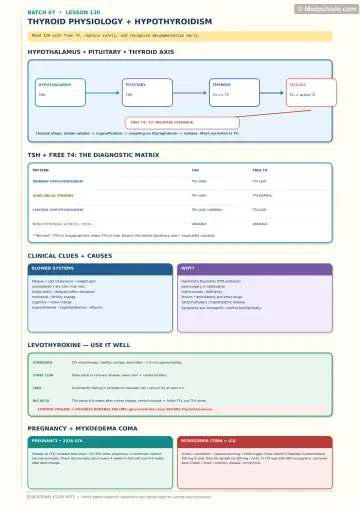 Handwritten one-page note: thyroid axis physiology, TSH/free T4 patterns, hypothyroidism treatment, pregnancy, and myxoedema coma