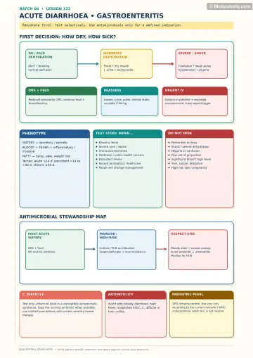 Handwritten one-page note: acute diarrhoea dehydration triage, stool testing indications, antimicrobial stewardship, and red flags