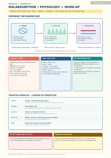 Handwritten one-page note: malabsorption mechanism map, deficiency clues, first-line labs, phenotype-directed tests, and pitfalls