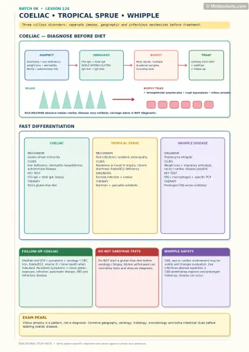 Handwritten one-page note: coeliac diagnostic pathway, villous injury mimics, follow-up, test sabotage, and Whipple safety