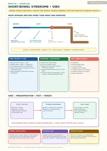 Handwritten one-page note: short-bowel anatomy, fluid and nutrition priorities, SIBO predisposition and testing, and complication clues