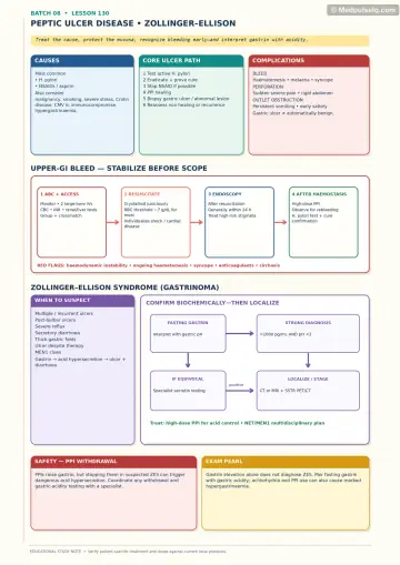 Handwritten one-page note: peptic ulcer causes, upper-GI bleed sequence and Zollinger-Ellison syndrome work-up.