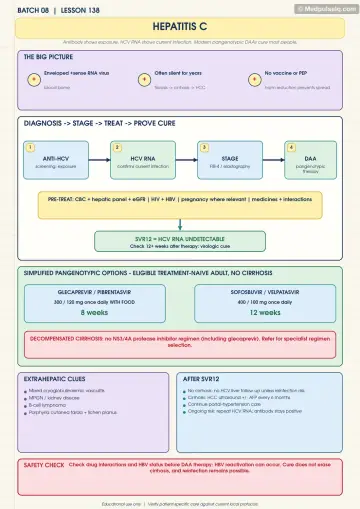 Handwritten one-page note: hepatitis C diagnosis, staging, pangenotypic DAA options, SVR12 and safety checks.