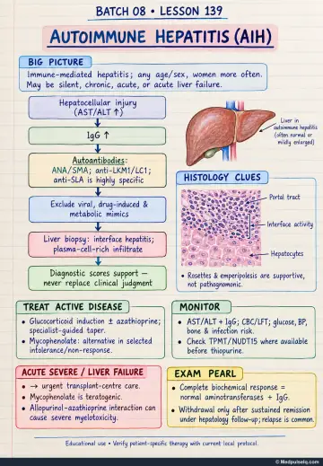 Handwritten one-page note: autoimmune hepatitis diagnosis, histology, treatment, monitoring, and relapse cautions