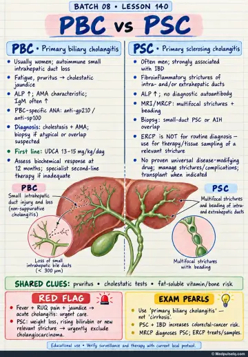Handwritten one-page note: contrasting primary biliary cholangitis with primary sclerosing cholangitis