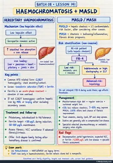 Handwritten one-page note: hereditary haemochromatosis and metabolic dysfunction-associated steatotic liver disease