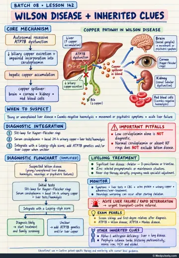 Handwritten one-page note: Wilson disease copper handling, diagnosis, lifelong treatment, and inherited clues