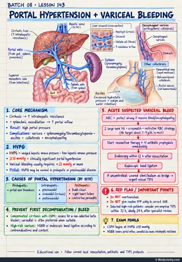 Handwritten one-page note: portal hypertension anatomy, HVPG thresholds, prevention, and acute variceal bleeding care