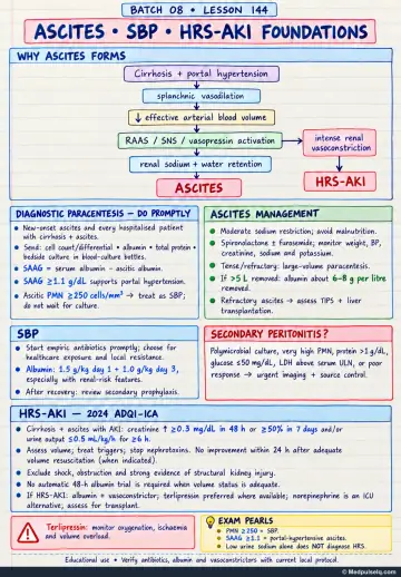 Handwritten one-page note: ascites formation, diagnostic paracentesis, SBP, and HRS-AKI foundations