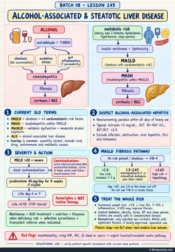 Handwritten one-page note: alcohol-associated and steatotic liver disease terminology, severity, fibrosis, and whole-risk treatment
