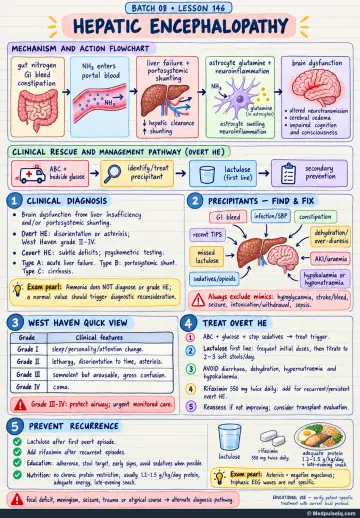 Handwritten one-page note: hepatic encephalopathy mechanism, precipitants, West Haven grading, treatment, and recurrence prevention