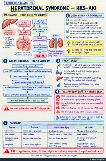 Handwritten one-page note: hepatorenal syndrome-AKI mechanism, updated diagnosis, work-up, treatment, and terlipressin safety