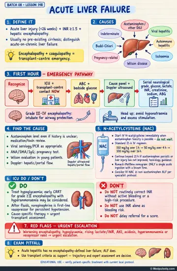 Handwritten one-page note: acute liver failure definition, causes, first-hour pathway, NAC, ICU actions, and escalation warnings