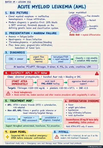 Handwritten one-page note: acute myeloid leukaemia, APL emergency care, treatment mapping, and differentiation syndrome