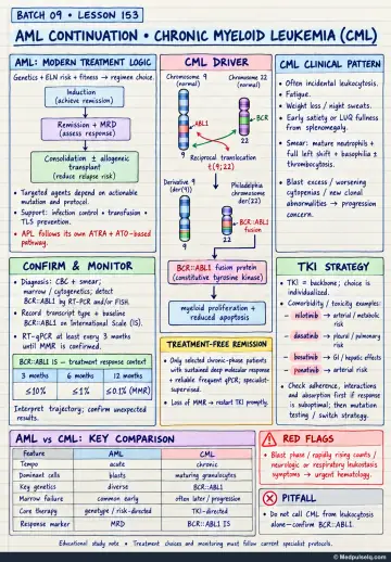 Handwritten one-page note: chronic myeloid leukaemia genetics, clinical pattern, monitoring milestones, TKI strategy, and red flags