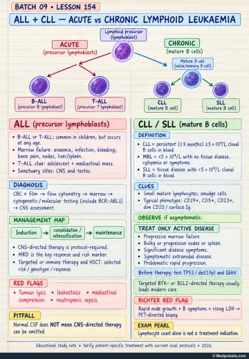 Handwritten one-page note: ALL and CLL as acute versus chronic lymphoid leukaemia patterns