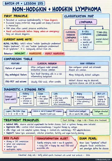 Handwritten one-page note: non-Hodgkin and Hodgkin lymphoma classification, staging, treatment principles, and transformation alerts