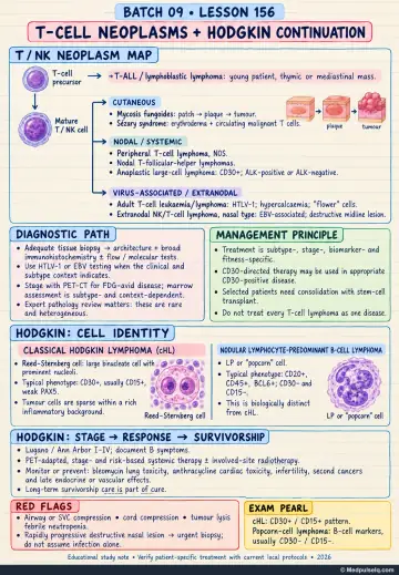 Handwritten one-page note: T-cell neoplasms and Hodgkin continuation with subtype-driven diagnosis and survivorship care