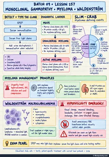 Handwritten one-page note: monoclonal gammopathy, multiple myeloma criteria, complications, and Waldenstrom hyperviscosity