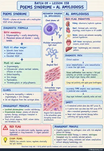 Handwritten one-page note: POEMS syndrome and AL amyloidosis diagnostic patterns, red flags, and management principles