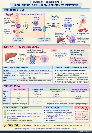 Handwritten one-page note: iron trafficking, hepcidin control, iron-study interpretation, and iron-deficiency sequence
