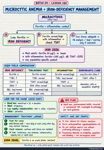 Handwritten one-page note: microcytic anaemia evaluation, iron-deficiency thresholds, mimics, cause-finding, and treatment ladder