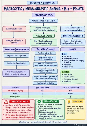 Handwritten one-page note: macrocytic anaemia, megaloblastic versus non-megaloblastic patterns, B12 work-up, and folate safety