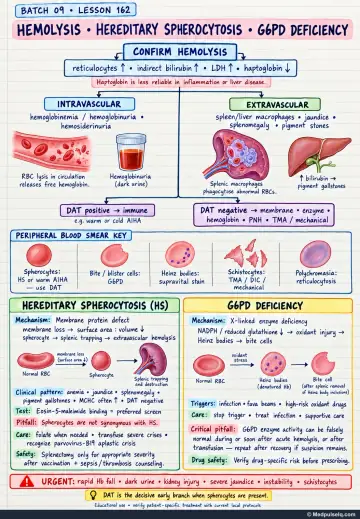 Handwritten one-page note: haemolysis confirmation, intravascular versus extravascular patterns, hereditary spherocytosis, and G6PD deficiency