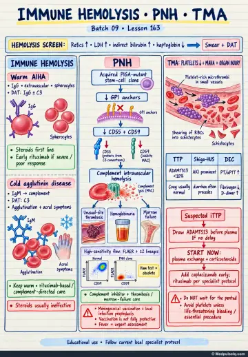 Handwritten one-page note: immune haemolysis, paroxysmal nocturnal haemoglobinuria, and thrombotic microangiopathy emergencies