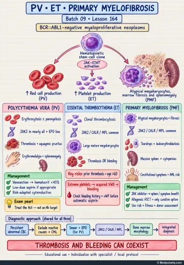 Handwritten one-page note: polycythaemia vera, essential thrombocythaemia, and primary myelofibrosis as BCR::ABL1-negative myeloproliferative neoplasms