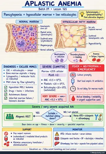 Handwritten one-page note: aplastic anaemia, hypocellular fatty blood-forming tissue, diagnosis, severity criteria, emergencies, and treatment choices