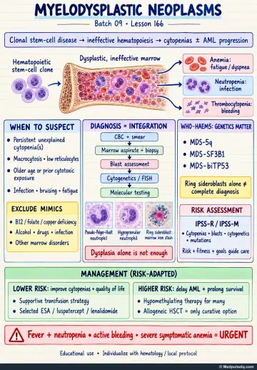 Handwritten one-page note: myelodysplastic neoplasms, cytopenias, genetic categories, diagnosis integration, risk assessment, and risk-adapted treatment