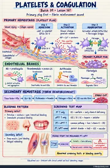 Handwritten one-page note: platelet plug formation, endothelial anticoagulant brakes, fibrin reinforcement, bleeding patterns, and screening tests