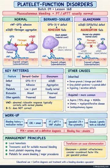 Handwritten one-page note: platelet-function disorders, Bernard-Soulier syndrome, Glanzmann thrombasthenia, inherited and acquired causes, work-up, and management