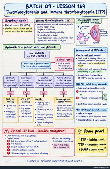 Handwritten one-page note: thrombocytopenia evaluation, immune thrombocytopenia, dangerous mimics, treatment thresholds, and critical bleeding