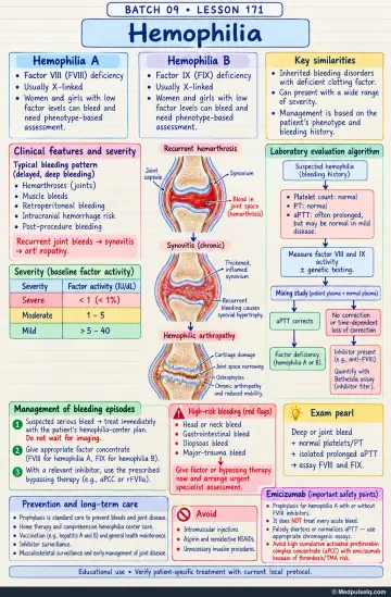 Handwritten one-page note: haemophilia A and B, joint bleeding, severity by factor activity, testing, acute bleed management, prophylaxis, and emicizumab safety