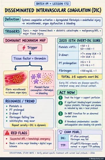Handwritten one-page note: disseminated intravascular coagulation definition, triggers, mechanism, overt-DIC score, serial recognition, management, and red flags