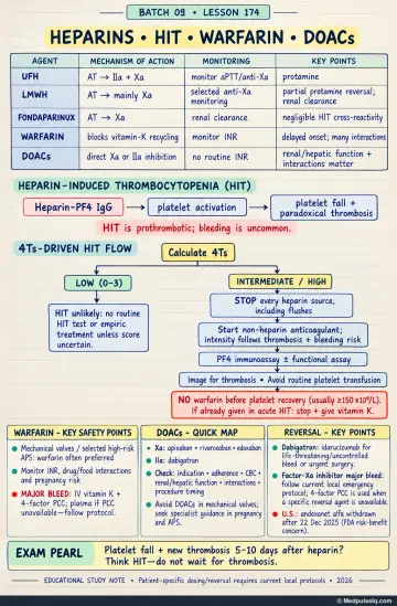 Handwritten one-page note: heparins, HIT, warfarin, DOACs, monitoring, reversal, and safety decisions
